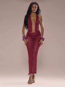 MUSERA 做旧串珠细节针织开襟上衣，仅限夏季假期海滩伊比沙岛可爱节日优雅樱桃月 - 酒紅色 - 查看 3