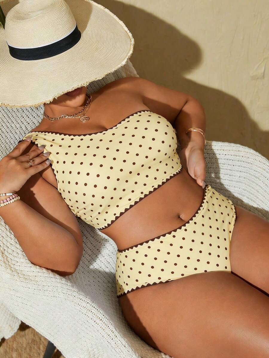 Swim Mod Plus Size Colorblock Polka Dot Print Asymmetrical Shoulder Swimsuit Set - Multicolor - View 1