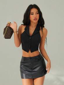 SHEIN PETITE 秋冬季女士翻领露背无袖前扣西装外套 - 黑色 - 查看 6