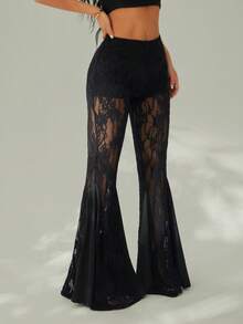 SHEIN PETITE Women's Lace Patchwork Casual Versatile Daily Wear Flare Pants - Black - View 3
