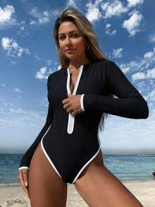 Swim SPRTY Springbreak 女士连体泳衣，橙色长袖拉链防晒衣，沙滩度假泳装 - 黑與白 - 查看 4