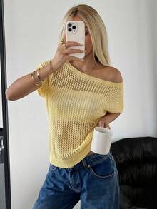 SHEIN EZwear 纯色镂空透视不对称领露肩休闲毛衣 - 鵝黃色 - 查看 4
