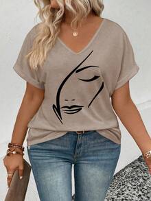 EMERY ROSE New Arrival Women's Fashion Print V-Neck Short Sleeve T-Shirt - Khaki - View 5