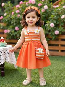 SHEIN Playful Pals Baby Girls' Sweet Floral Decor Sleeveless Dress With Matching Mini Crossbody Bag, Loose Fit Skirt, Suitable For Casual Outings, Leisure Trips, Family Gatherings, Summer Picnics - Orange - View 4