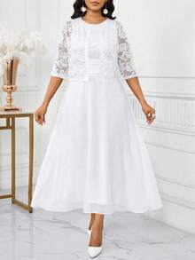 SHEIN Lady Women's Floral Lace Front Open Blouse And Sleeveless Dress Elegant 2 Pieces Set - White - View 5