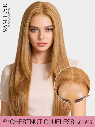 9AM Hair Wear Go 无胶假发，层次剪裁直发，6*4 透明蕾丝假发，栗棕色，预剪蕾丝和预拔发际线，16-24 英寸，180% 密度真人发蕾丝闭合假发，打造时尚度假风，活力四射，旅行必备，假日装扮，伴娘礼物，女性配饰，免运费。艺术优雅，活力四射，休闲日常，浪漫之旅，前卫利落的剪裁，真人发蕾丝假发，自然无胶假发，浪漫约会之选。