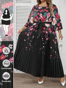 SHEIN CURVE+ 女款大尺碼優雅黑色秋季正式晚宴婚禮賓客印花百褶長洋裝，海邊度假穿搭，適合下午茶派對與畢業典禮 - 黑色 - 查看 1