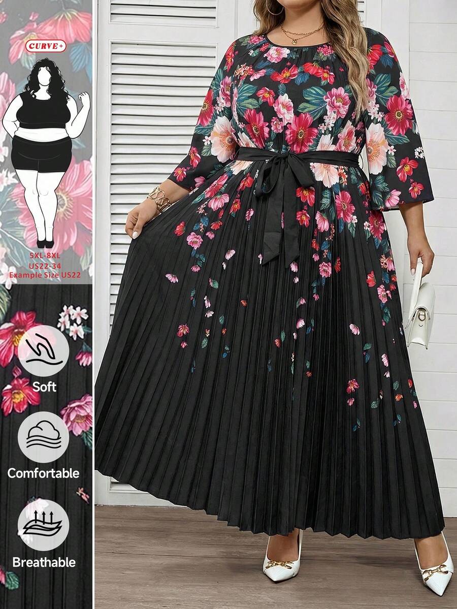 SHEIN CURVE+ 女款大尺碼優雅黑色秋季正式晚宴婚禮賓客印花百褶長洋裝,海邊度假穿搭,適合下午茶派對與畢業典禮 - 黑色 - 查看 1
