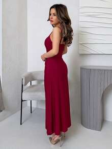 Jemour 1件装女士纯色褶皱腰身A字吊带长连衣裙，女士夏季连衣裙，茶会连衣裙 - 酒紅色 - 查看 6