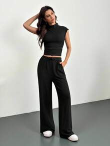 SHEIN Tall 女士夏季纯色立领褶皱上衣裤套装（2件套），休闲女装，运动服，女士夏季服装，女士夏季休闲套装，棕色两件套，女士两件裤装，女士休闲两件套，舒适两件套，棕色裤装，女士棕色裤装两件套 - 黑色 - 查看 6