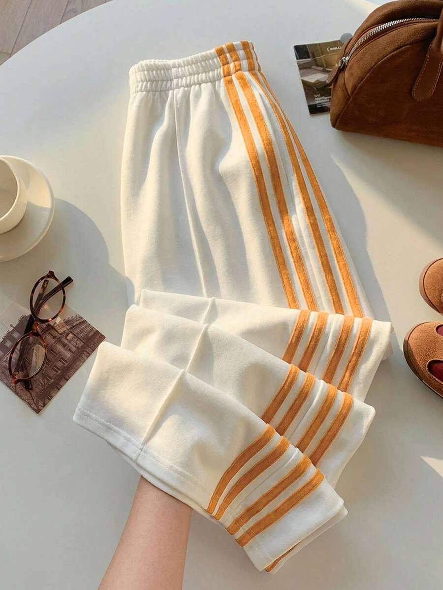 Comfortcana 女士休闲通勤上学运动弹力腰白色撞色条纹侧边宽松阔腿运动裤，春夏款 - 白色 - 查看 1