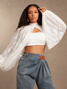 Vixey Blusa de mangas globo con abertura en el bajo y detalles de encaje transparente - Blanco - Ver 1