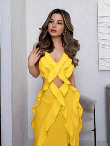 xheJemour Vestido sin mangas con tirantes finos y espalda descubierta con volante en el bajo, vestidos en tonos pastel para mujer, vestido de fiesta de veranoxhe - Amarillo - Ver 6