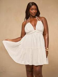 SHEIN BAE Große Größen Weißes ärmelloses Mini-Kleid mit Halsbindung - Weiss - Übersicht 7