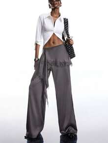 LYSMO 2026新款极简春夏女式灰色蕾丝拼接荷叶边休闲百搭通勤阔腿裤，饰有蕾丝花边 - 深灰色 - 查看 5