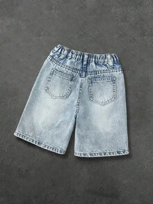 SHEIN Quần short denim dáng rộng màu xám đậm, phong cách đường phố, cá tính dành cho bé trai, với nhiều túi, thích hợp cho trang phục đường phố. - Rửa nhẹ - Xem 2
