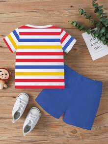 Playful Pals Set de 2 piezas de camiseta de manga corta con cuello redondo y estampado de oso y rayas + pantalones cortos naranja para bebé niño, adecuado para uso al aire libre en verano - Multicolor - Ver 2