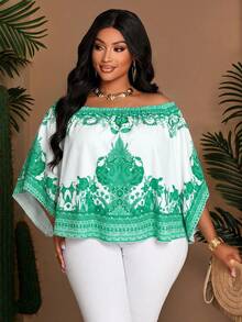 SOLERSUN 大码女装时尚度假宽松休闲印花春夏新款露肩上衣，单肩纯色上衣，适合日常通勤和度假，轻奢休闲衬衫，圣帕特里克节、复活节、音乐节、四叶草、街头风格、海滩度假、野餐、日常通勤时尚百搭衬衫，西式风格、波西米亚风格，端庄优雅，飘逸动感，端庄得体。 - 綠色 - 查看 3