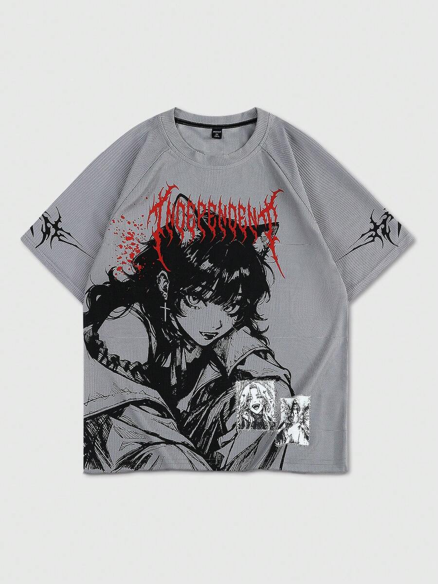 ROMWE MEN 男士纯色字母卡通印花休闲百搭日常短袖T恤 - 淺灰色 - 查看 1