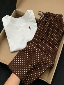 Comfortcana 两件套女士圆领短袖T恤和抽绳可调节复古棕色波点印花休闲裤套装，适合外出、街头风、机场、时尚、海滩度假、婚礼、毕业典礼、节日、Y2K风格等场合。 - 彩色 - 查看 8