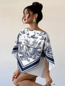 Firerie Áo kiểu nữ thanh lịch, tinh tế, lãng mạn, thoải mái, thích hợp cho kỳ nghỉ, đi biển, du lịch, đi làm, dự đám cưới, dự tiệc, cổ thuyền, in họa tiết, màu xanh chàm, mùa xuân/hè. - Màu xanh hải quân - Xem 8