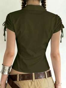 Rina Fox 女士新款Y2K酷炫风翻领全拉链短袖衬衫，两侧饰有褶裥，纯蓝色，复古休闲学院风，袖口抽绳设计，百搭休闲衬衫，适合上学、通勤、购物等场合。 - 綠色 - 查看 2