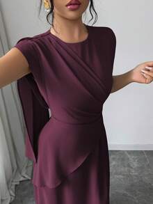 Elenzga 女士春夏法式浪漫西西里优雅休闲通勤度假下午茶情人节派对纯色圆领宽肩腰部褶皱系带无袖飘逸长裙女装最新款女装正装高品质女装优雅经典 - 中紫紅色 - 查看 4