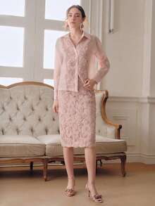 Anewsta 纹理压花提花优雅通勤法式衬衫和中长裙两件套 - 粉色 - 查看 3