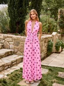 KARISMINA Abito a costine e rete a pois con schiena scoperta, adatto per vacanze primaverili ed estive. Abiti a pois per donne, abbigliamento da resort, abiti da donna per vacanze, abiti da picnic, abiti estivi lunghi per donna. - Rosa - Visualizzare 6