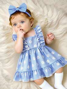 SHEIN Newborn Baby Girls' Summer Dress In Dusty Blue,Cute Floral Gingham Plaid Knit Outfit,Ruffle Hem Sleeveless Waisted Dress Headband Set Vacation Cute - Multicolor - View 5