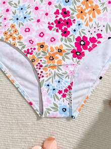 SHEIN 少女比基尼套装，可爱多彩（蓝、粉、黄、红、绿叶、花朵）针织面料，荷叶边裙摆三件套泳衣，时尚休闲优雅，适合游泳、夏季度假、海滩、泳池、节日派对 - 粉色 - 查看 7
