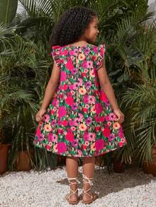 Emery Rose Kids 女童雪纺碎花圆领荷叶边下摆休闲连衣裙 - 米色 - 查看 2