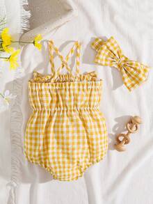 SHEIN Vintaside Kids 2件套女婴时尚可爱条纹露肩连体衣和发带套装，夏季派对 - 黃色 - 查看 2