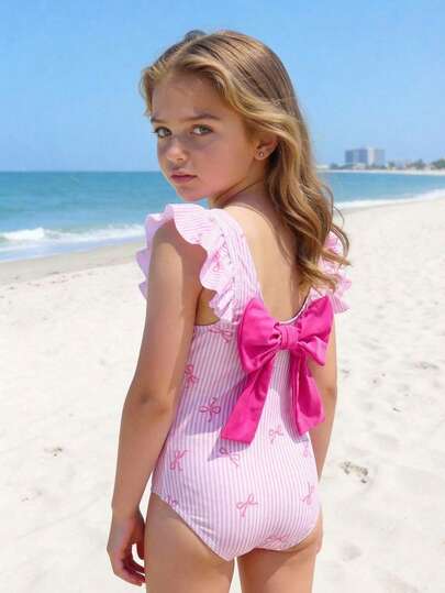 SHEIN 少女条纹蝴蝶结印花连体泳衣，适合游泳、夏季度假和海滩穿着