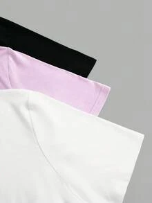 SHEIN LUNE Bộ 3 áo thun cổ tròn tay ngắn cơ bản - Nhiều màu - Xem 4
