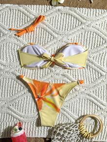 Bonvoyette 2pcs/Set Girls' Lotus Flower Print Padded Tankini Top And Braided Side Tie Triangle Bottoms Swimsuit - Multicolor - View 2