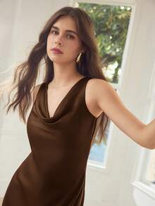 MOTF PREMIUM ELEGANT SATIN DRESS WITH DRAPED NECKLINE - Coffee Brown - View 5
