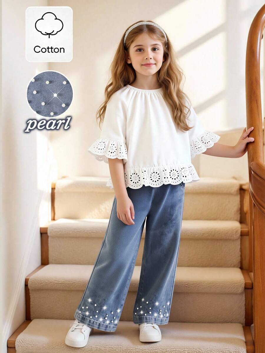 SHEIN 2pcs/Set Tween Girls Ruffle Trim Off-Shoulder Top & Pearls Embellished Denim Pants, Cute Outfit For Summer Casual Wear Summer Holiday - White - View 1