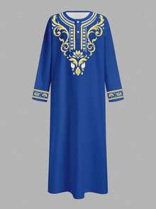 SHEIN Vintage Retro Print Loose Long Shirt, Arabic Style, Suitable For Spring And Summer, Young Boy - Multicolor - View 2