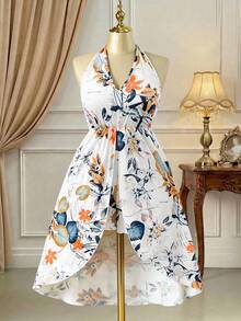 Rometta 大码女式热带植物印花吊带不对称上衣 + 短裤 2 件套 - 杏色 - 查看 5