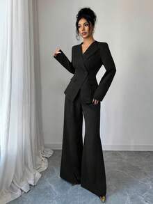 SHEIN Elenzya Women's Solid Color Minimalist Daily Wear Long Sleeve Top And Pants Suit - Black - View 3