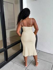 Alexandranx Tie Front Ruched Bust Knot Shoulder Lettuce Trim Summer Cami Long Dress - Beige - View 3