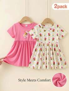SHEIN Playful Pals 女婴卡通蜜蜂印花圆领短袖休闲连衣裙 - 彩色 - 查看 8