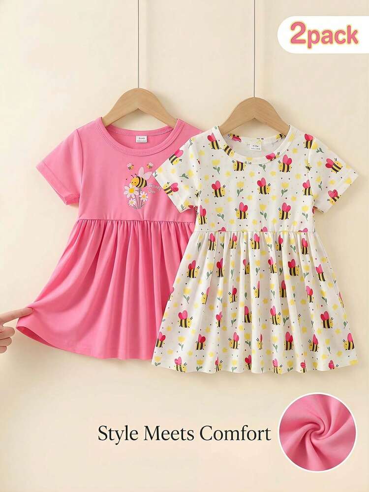 SHEIN 2 Pack Baby Girls Toddler Girls Clothes Sweet Pink Yellow Honey Bee Floral Print Short Sleeve A-Line Soft Fit Summer Dresses Outfits Sets Sundress Vacation Beach Party Travel Essential Clothes Dress - Multicolor - View 8