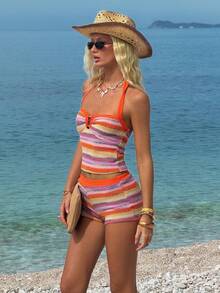 INAWLY 度假沙滩条纹露背吊带上衣和短裤两件套 - 彩色 - 查看 5