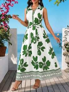 SHEIN Lady Women's Elegant Floral Print Button-Up Sleeveless Dress, Summer - Multicolor - View 8