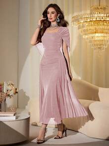 Modelyn Vestido largo ajustado con mangas de chal sin tirantes de malla elegante y hilo brillante para mujeres, /otoño - Rosa Pálido - Ver 4