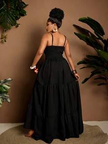 Maweii 大码女式牛仔效果A字长吊带性感连衣裙 - 黑色 - 查看 6