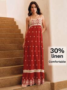 Anewsta 女士花卉刺绣褶皱休闲度假约会连衣裙 - 紅色 - 查看 6