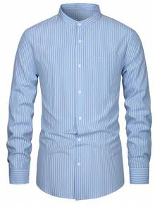 Manfinity Bizformal Áo sơ mi nam kẻ sọc xanh trắng, phong cách công sở lịch lãm cho mùa xuân/hè. Áo sơ mi nam kẻ sọc xanh trắng, áo sơ mi công sở thường ngày, trang trọng. - Màu xanh lam - Xem 5